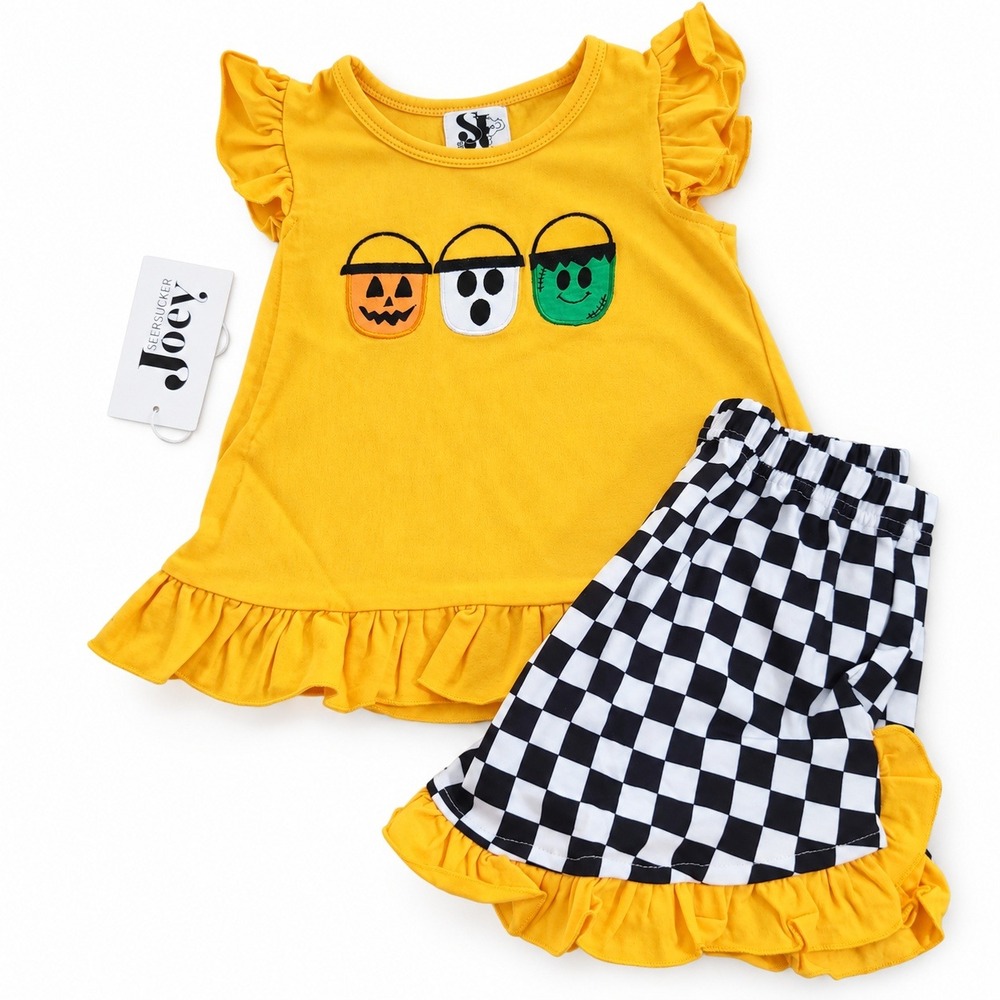 NEW Halloween Seersucker Joey Orange Flutter Top Ruffle Shorts Set 18-24M